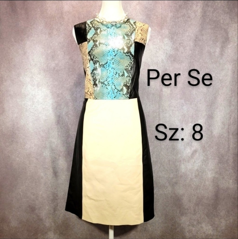 100% Leather "Per Se" Dress w/ Edgy Blue & Cream Snakeskin Colorblocking.